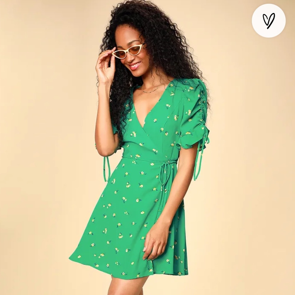 Lulu’s Green Floral Print Ruffled Wrap Dress